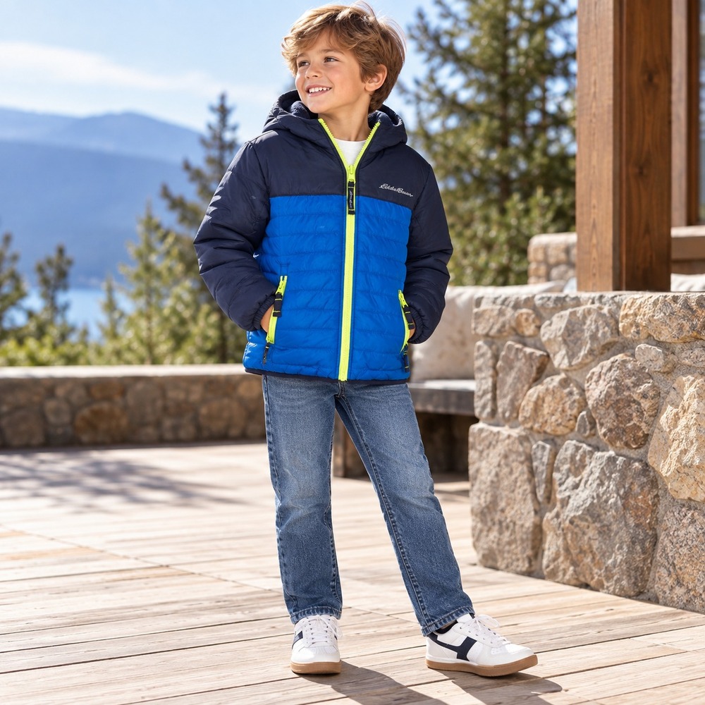 EDDI BAUER Kids Boys Jacket Fleece Lined XS 5/6 Blue Hooded Insulated 9300W538